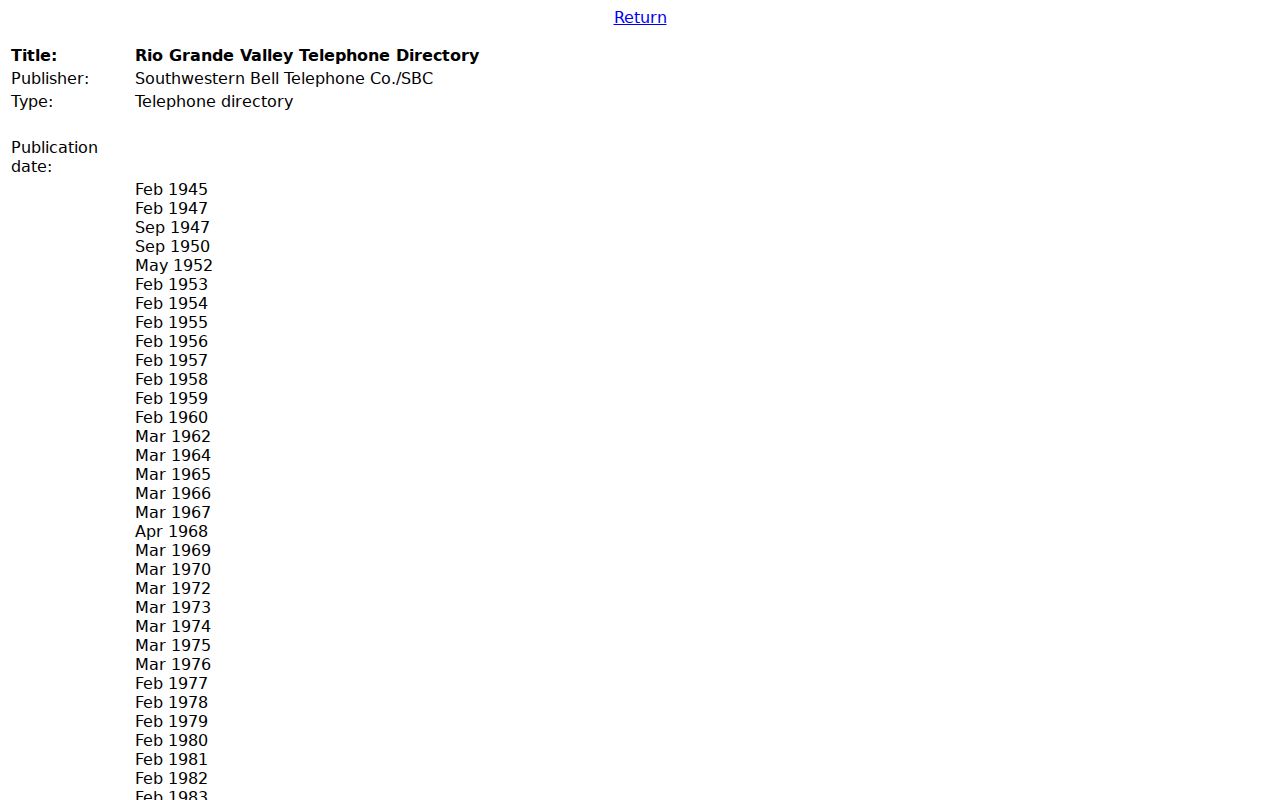 San Benito city directory Rio Grande Valley telephone directory collection citation