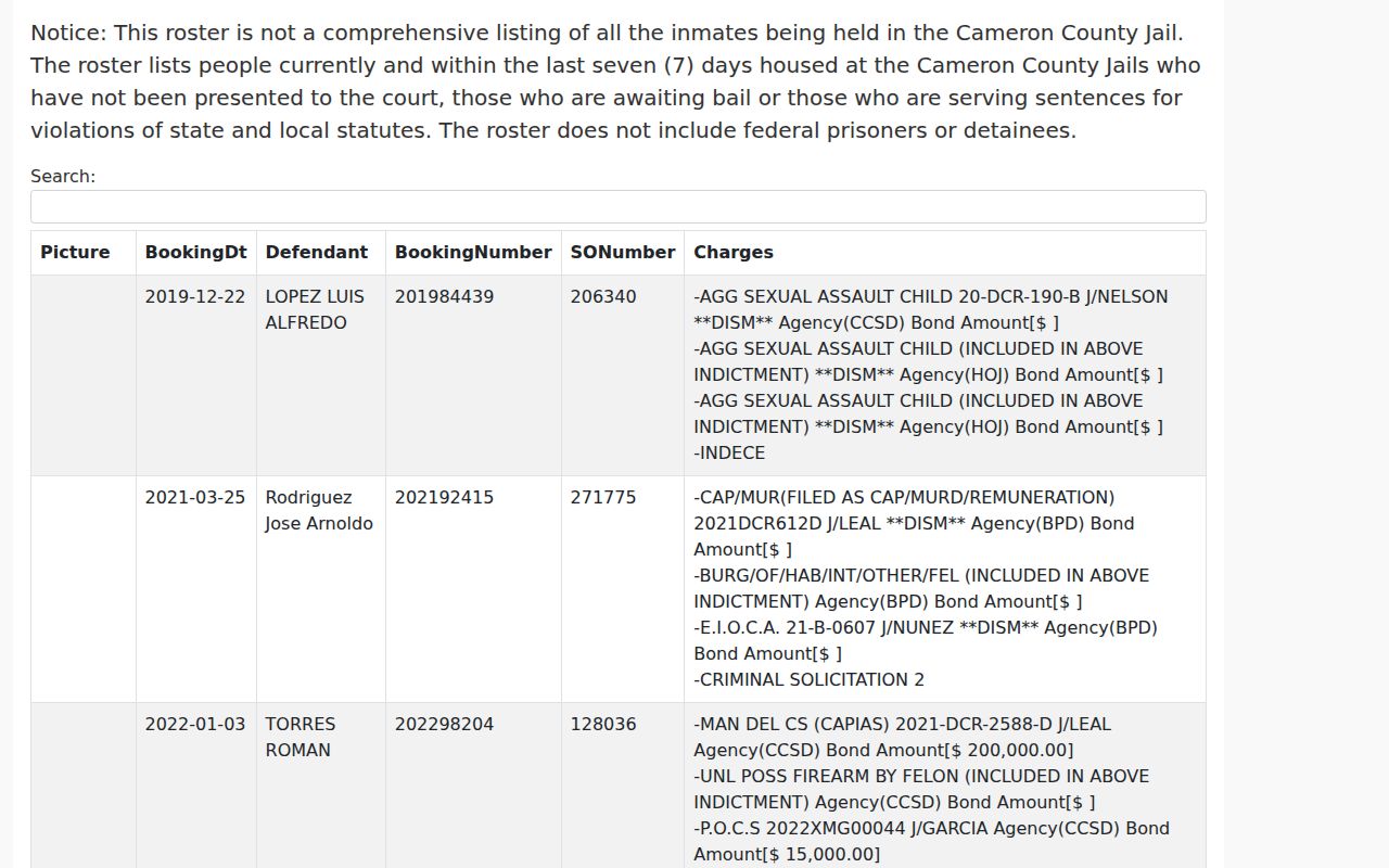San Benito residents directory Cameron County inmate list page