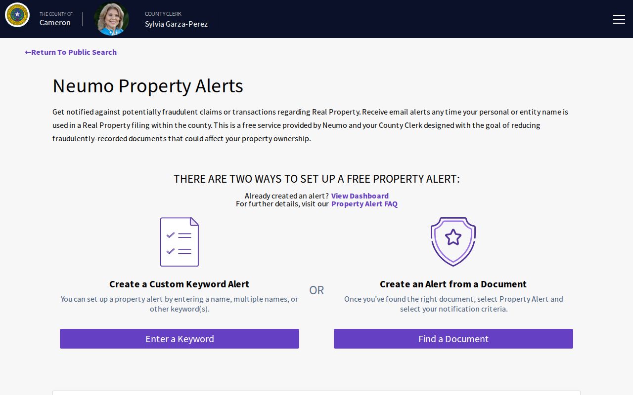 San Benito previous residents Cameron County property alert options